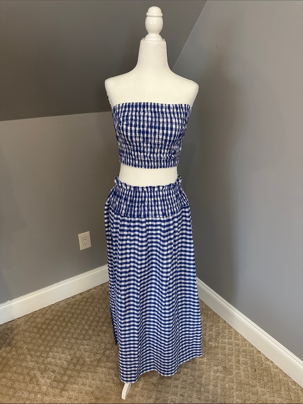 Universal Thread Blue Gingham Smocked Strapless Maxi Set